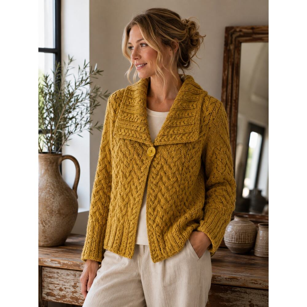 Inis Crafts Merino Wool Cardigan M Mustard Aran Cable Knit Irish Sweater